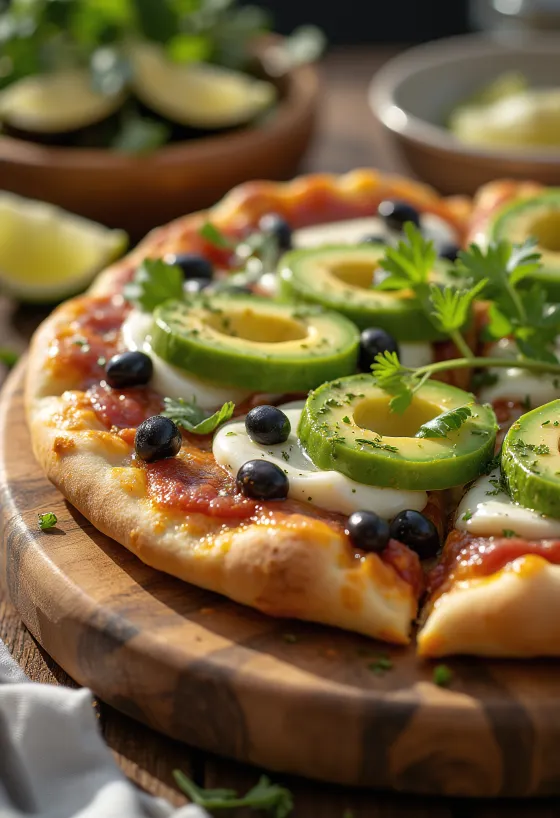 Pizza Mexicana com pimenta jalapeño, feijão preto e abacate