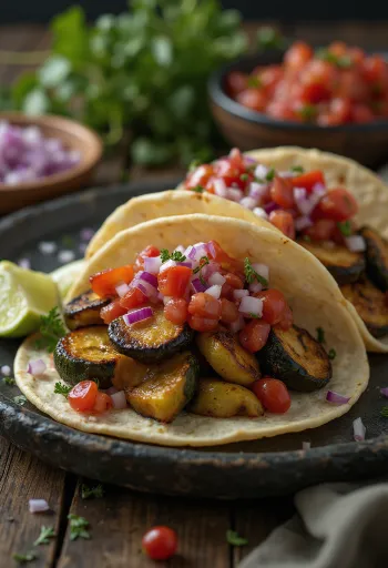 Tacos vegetarianos com salsa roja servidos