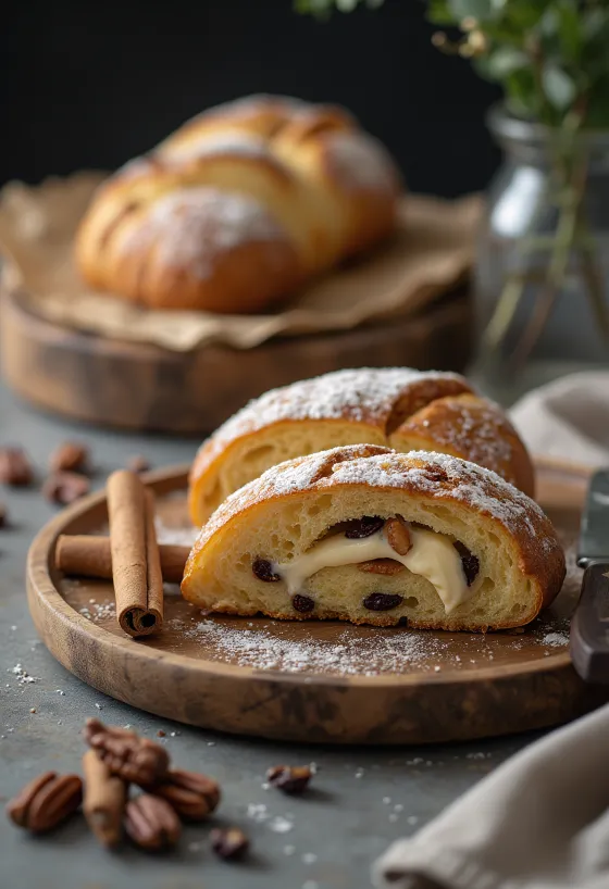 Stollen de Canela e Noz-Pecã fatiado, polvilhado com açúcar de confeiteiro, fundo rústico