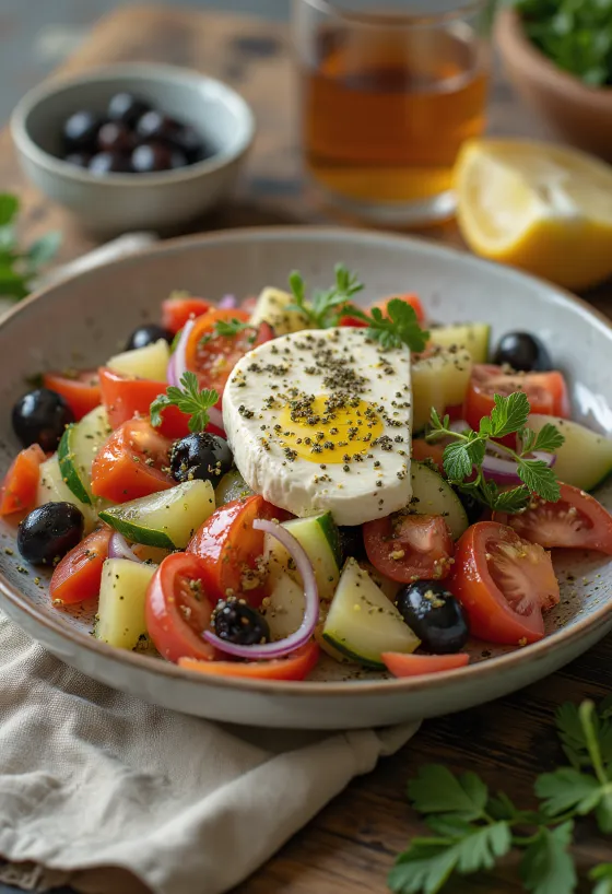 Salada grega fresca com queijo feta, azeitonas e tomates suculentos