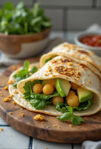 Wrap de espinafre com grão-de-Bico, abacate e vegetais frescos servido