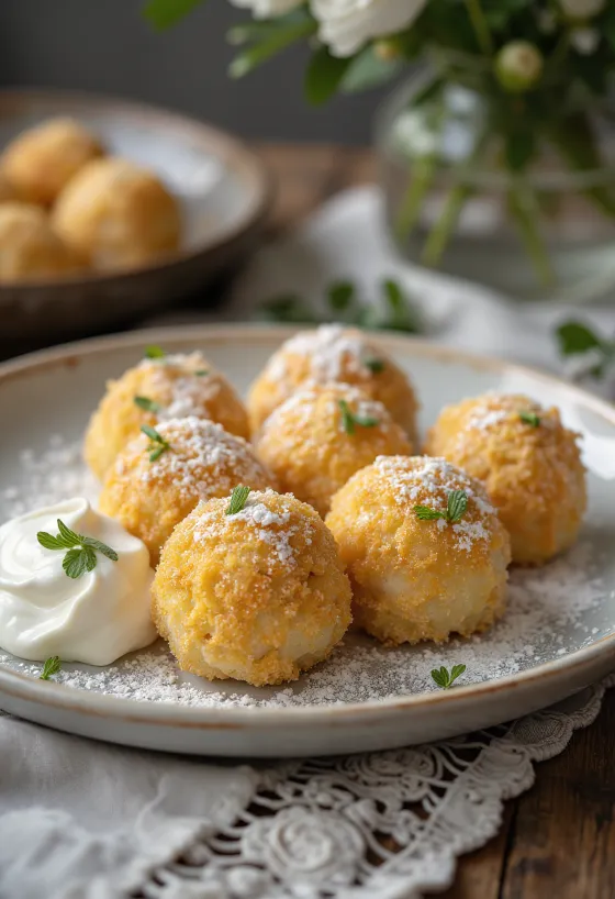 Bolinhas de ricota macias com creme de leite doce e farofa tostada.