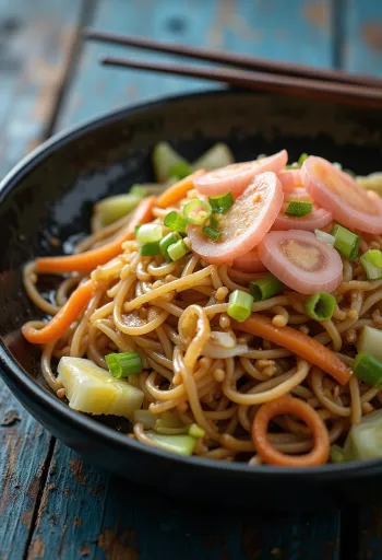 Yakisoba de legumes, macarrão frito com vegetais coloridos