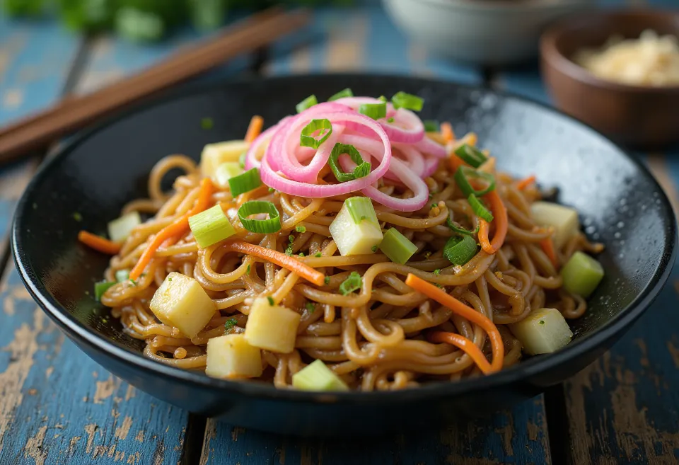 Yakisoba de legumes, macarrão frito com vegetais coloridos