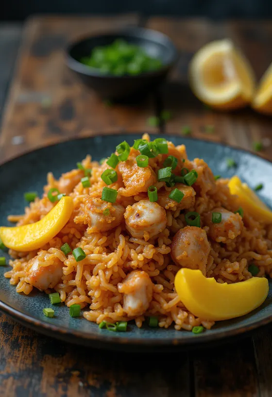 Prato de arroz bagoong com tiras de manga verde