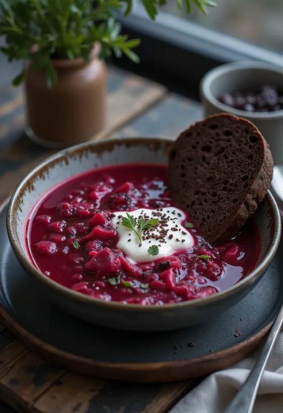 Sopa borscht tradicional com beterraba, cenoura e servida com creme de leite.
