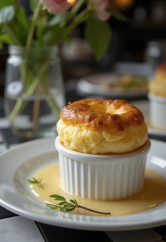 Suflê de queijo com tomilho servido