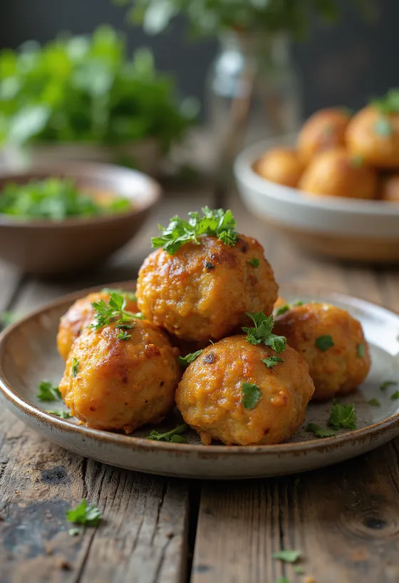 Kofta de frango com ervas, bolinhos grelhados decorados com salsinha