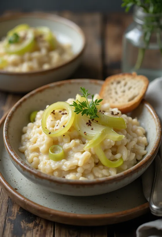 Risoto cremoso com alho-poró fresco, servido com parmesão ralado em um prato