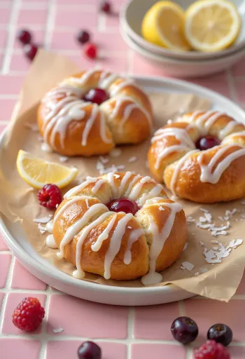 Skolebrød com cobertura de limão, pão doce dinamarquês recém-assado com cobertura cítrica.