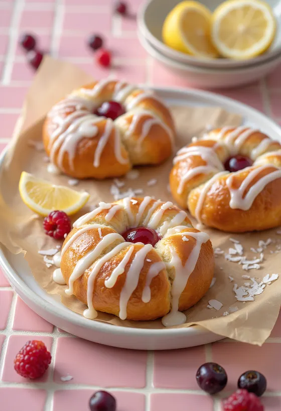 Skolebrød com cobertura de limão, pão doce dinamarquês recém-assado com cobertura cítrica.