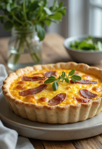 Quiche de cheddar e bacon fatiada em estilo rústico