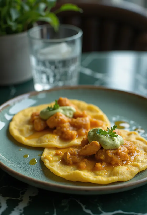Doubles com chutney de manga verde e frango picante