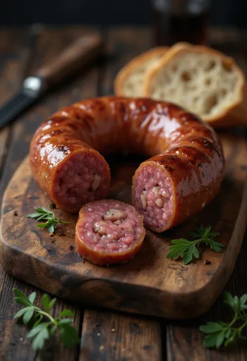 Linguiça defumada fatiada, servida com pão fresco e pimentão.