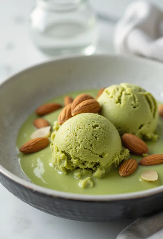 Sorvete de matcha com amêndoas servido