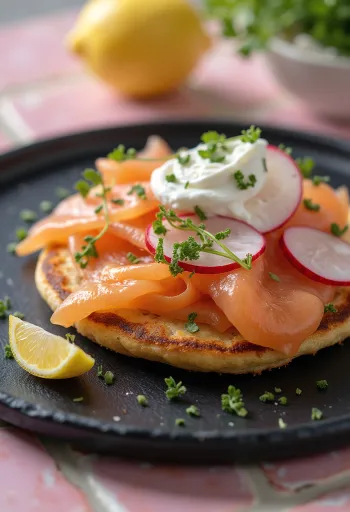 Panqueca Smørrebrød com salmão e vegetais