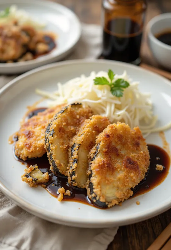 Katsu de Berinjela, fatias de berinjela empanadas com panko