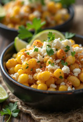 Esquites com molho picante, coentro fresco e milho tostado