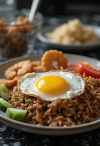 Nasi Goreng Clássico, servido com especiarias ricas, frango e ovo