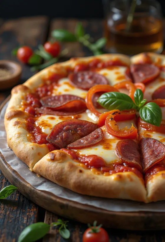 Pizza alla Campagnola com salame e legumes