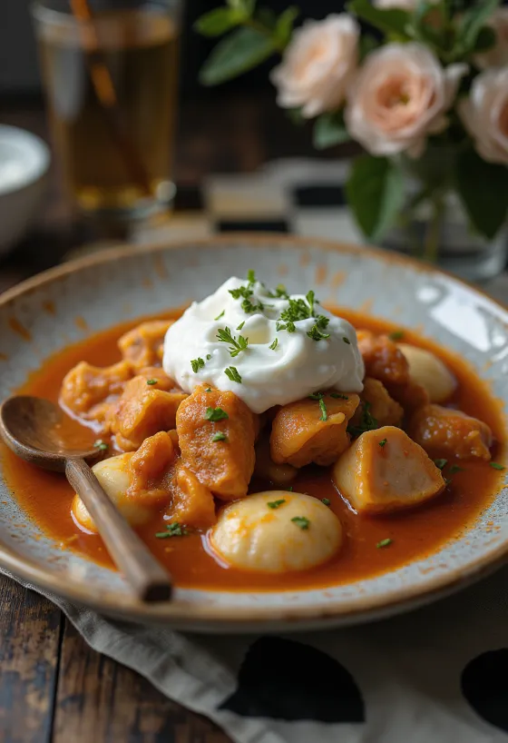 Pörkölt com nokedli e creme de leite servido