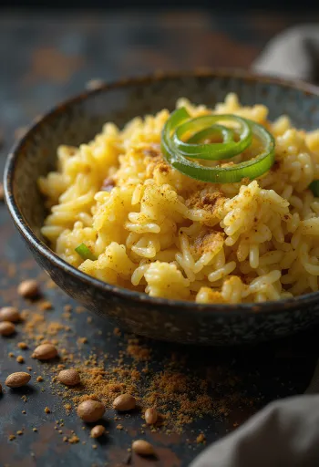 Arroz prebiótico de alho-poró com especiarias servido com coentro fresco
