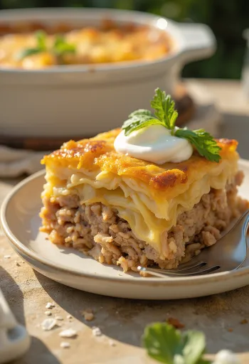 Rakott Káposzta tradicional, em camadas com carne moída, arroz e chucrute, servido com creme.