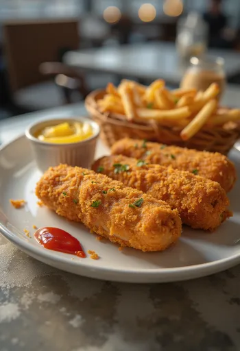 Salsicha empanada dourada e crocante, servida com mostarda e ketchup.