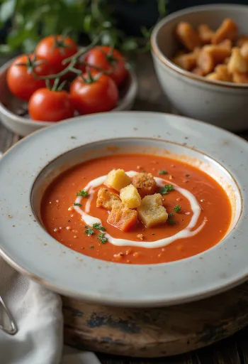 Tigela de sopa de tomate cremosa decorada com manjericão