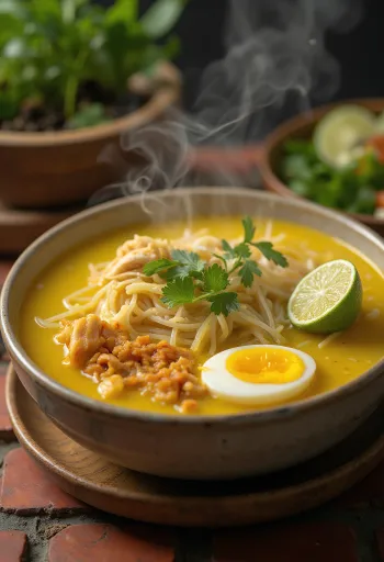 Soto ayam com coentro, sopa de frango indonésia com leite de coco e especiarias frescas