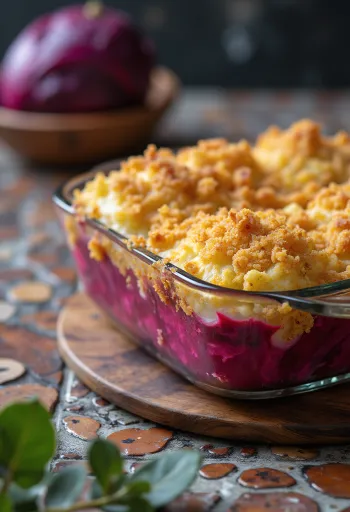 Gratinado de repolho crespo com beterraba servido