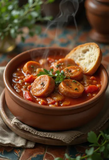 Lecsó com linguiça, servido com pimentão fresco, tomate e linguiça defumada