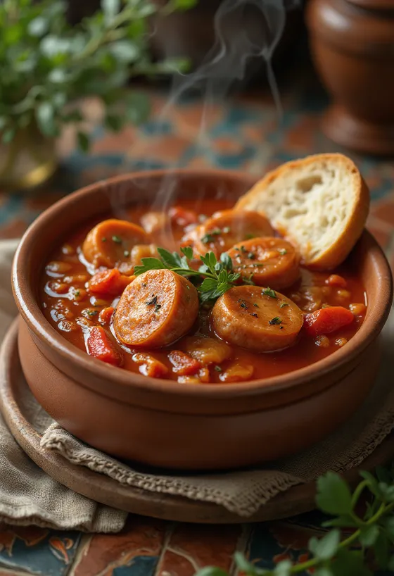 Lecsó com linguiça, servido com pimentão fresco, tomate e linguiça defumada