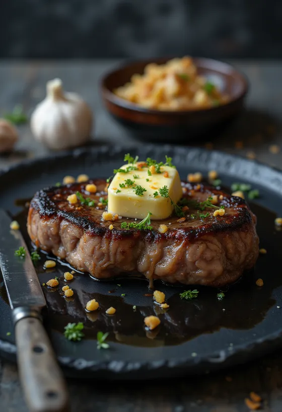 Steak bovino grelhado, servido com salada fresca e batatas