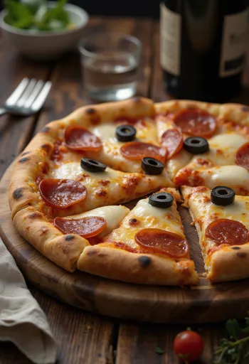 Pizza de pepperoni com azeitonas servida