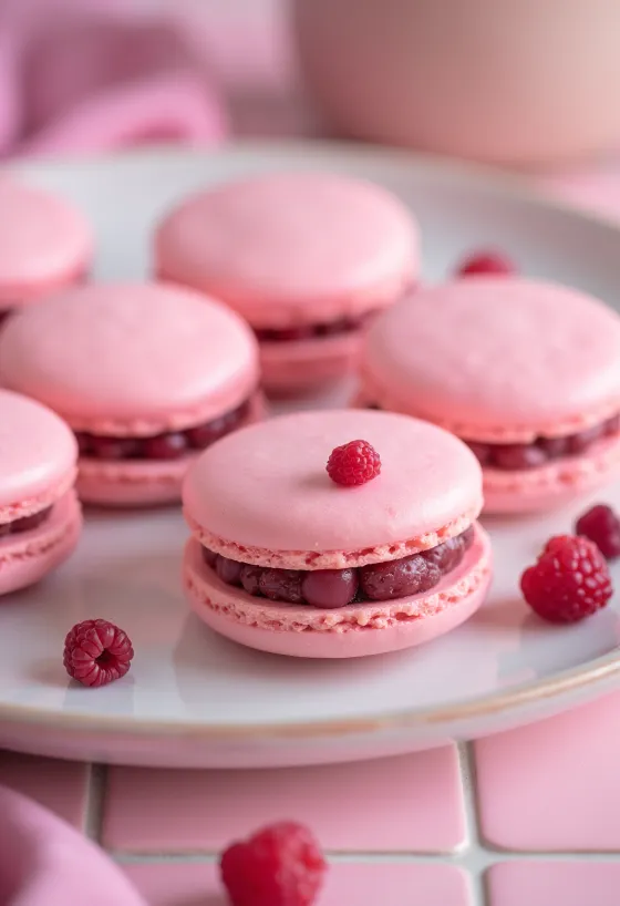 Macaron de frutas vermelhas e marzipã servido