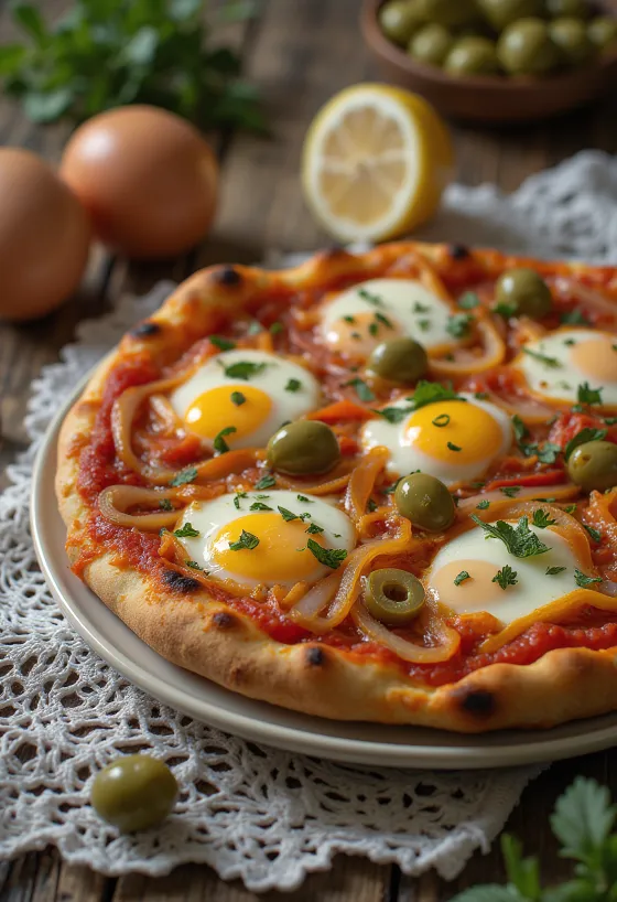 Pizza coberta com berinjela, pimentão e azeitonas