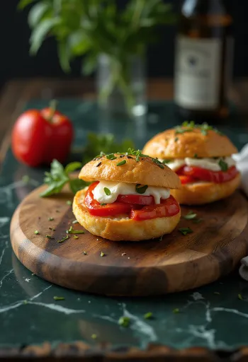 Tiganopsomo com feta e pimentão vermelho assado, servido com pão fresco e queijo feta crocante.
