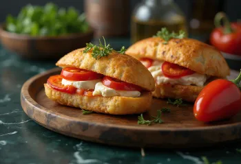 Tiganopsomo com feta e pimentão vermelho assado, servido com pão fresco e queijo feta crocante.