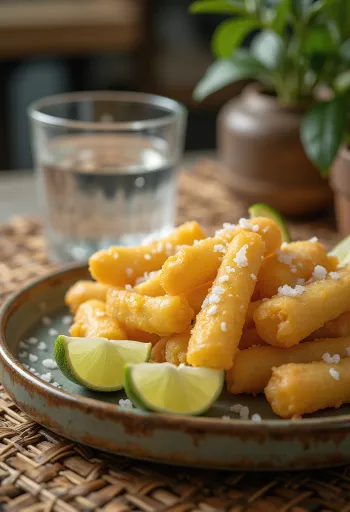 Mandioca frita com sal e limão, servida crocante