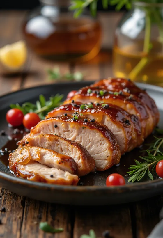 Lombo suíno com glace de mel BBQ servido