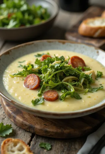 Caldo Verde com vinho branco, sopa portuguesa rica e deliciosa servida