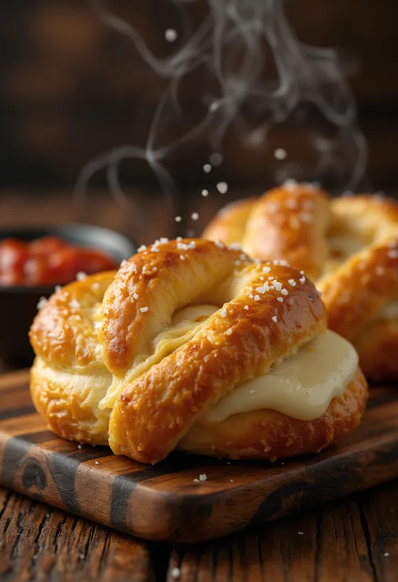 Pretzel com muçarela recém-assado