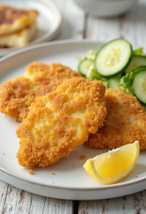 Carne empanada frita dourada, servida em casca crocante