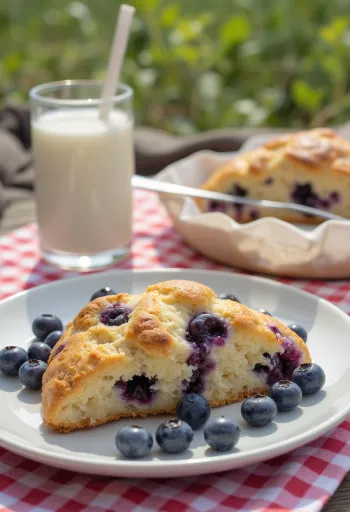 Scone com mirtilos, servido com chá fresco, macio e dourado