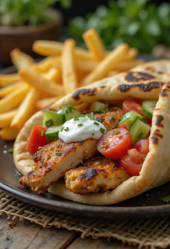Shawarma servido no pão sírio com vegetais frescos