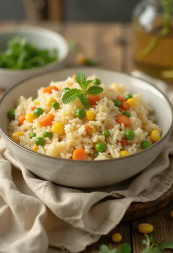 Arroz com legumes colorido e ervas frescas