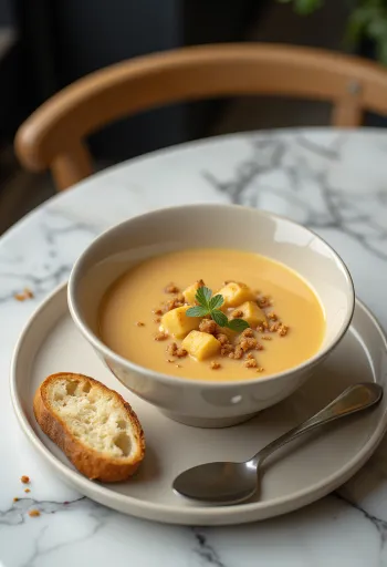 Bisque com frango, sopa cremosa de cor alaranjada servida em tigela