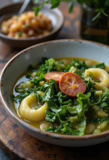 Caldo verde com couve, servido com chouriço