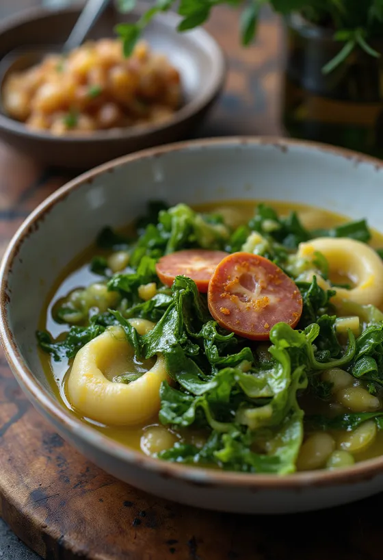 Caldo verde com couve, servido com chouriço
